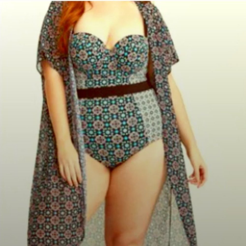 Plus Size Teal Mosaic One-Piece Swimsuit with Waistband